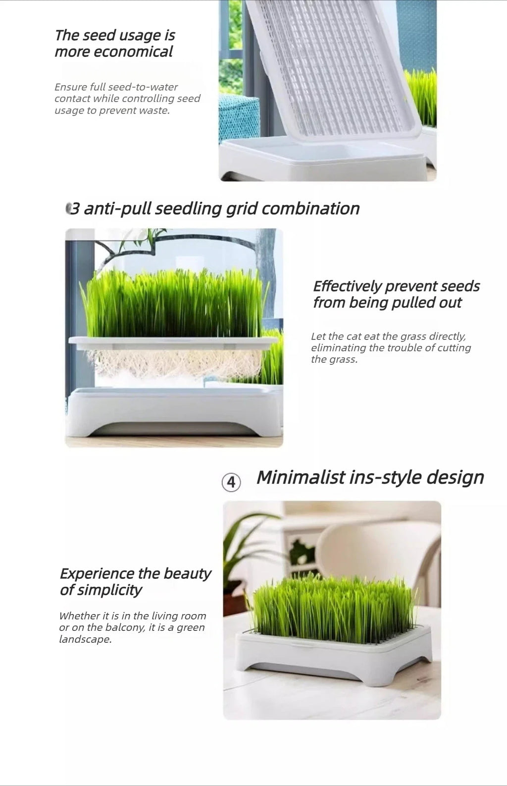 White hydroponic cat grass box with green grass and seed tray cover