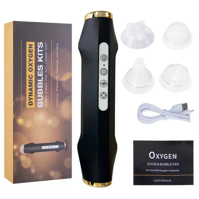 Black oxygen bubble facial spa device with massage heads, charger, and kit box for skin rejuvenation and exfoliation.