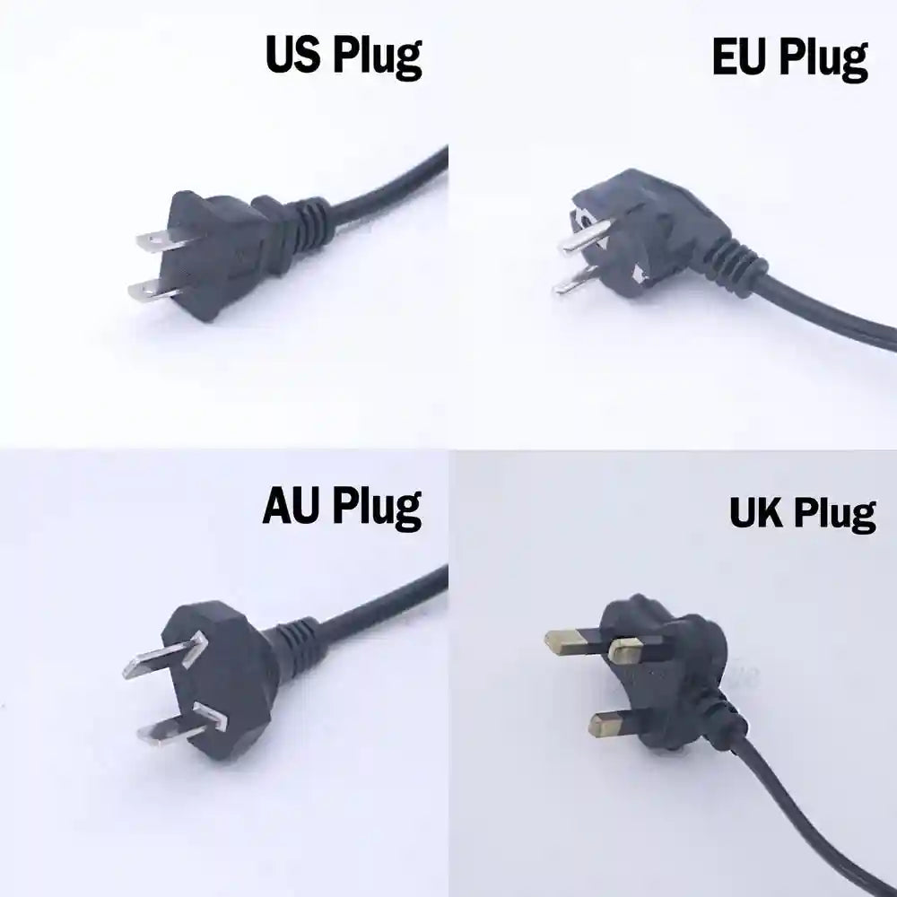 Electric foot detox spa machine power cords with US, EU, AU, and UK plug adapters for ionic bath therapy devices.