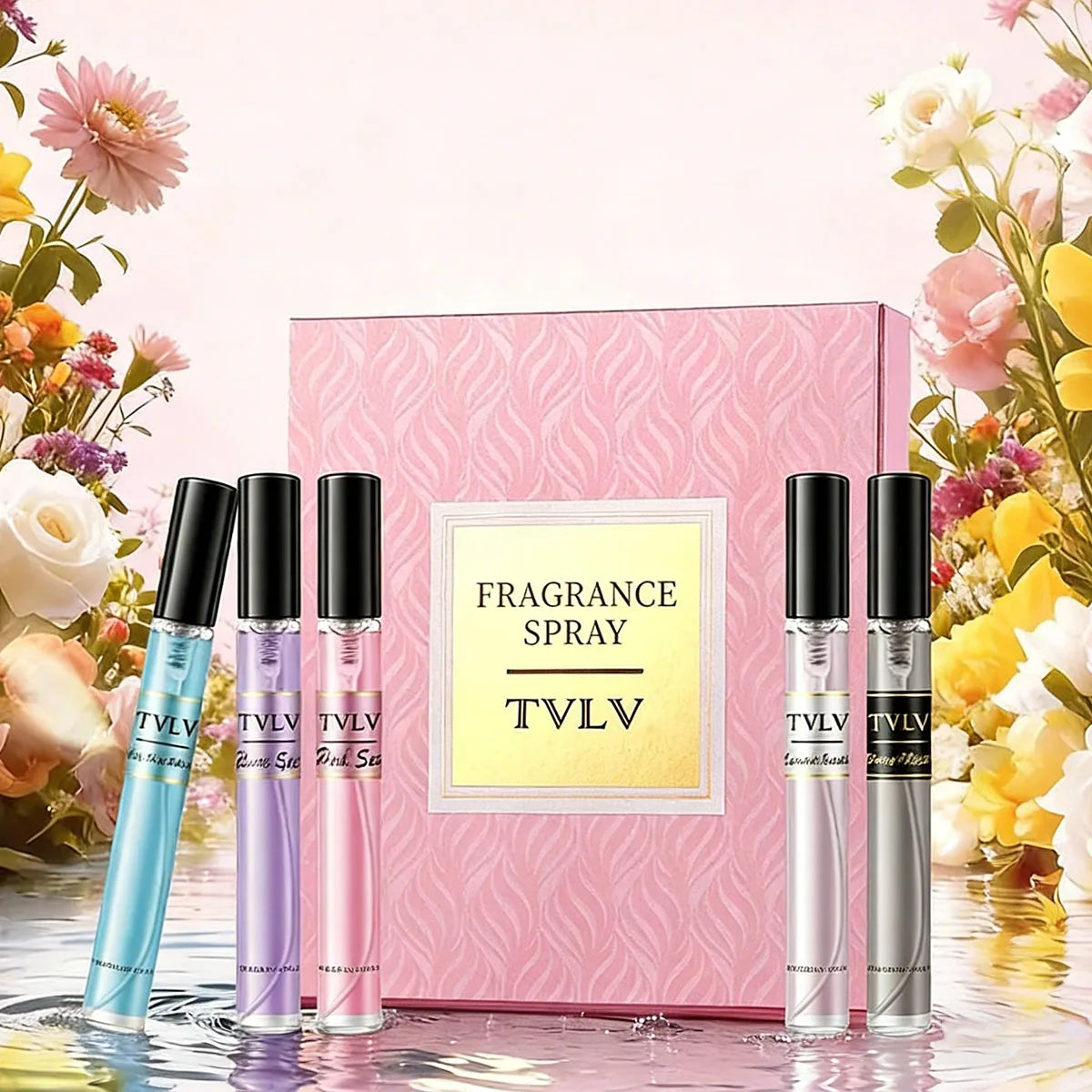 TVLV Brazilian fragrance spray gift set: 5 slim, colorful body mist bottles for women. Fresh, floral, lasting scent.
