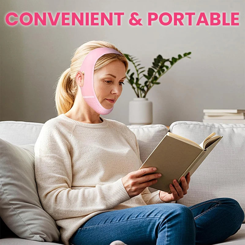 A woman sits on a sofa reading, wearing a pink V-line face slimming strap around her chin and head.