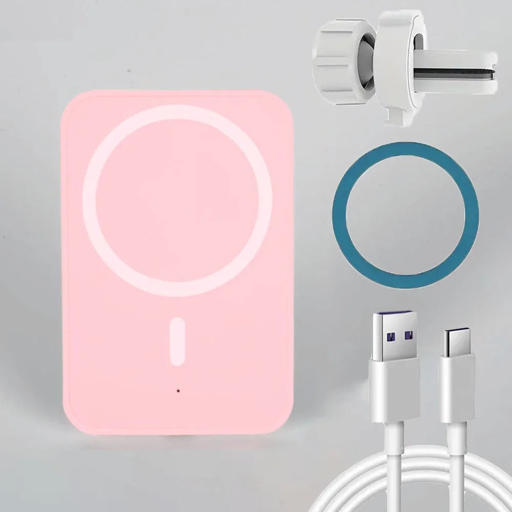 Magnetic Wireless Car Phone Charger – Fast Qi Certified Mount Pink with cable Tidesmit