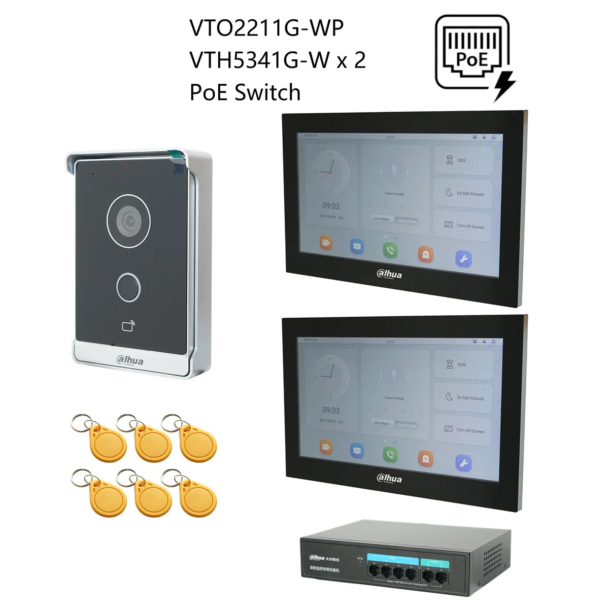 IP intercom kit with two indoor monitors, outdoor panel, PoE switch, RFID tags