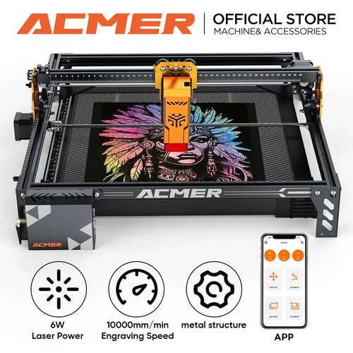 Desktop laser engraver with yellow head, showing engraving graphic and control app