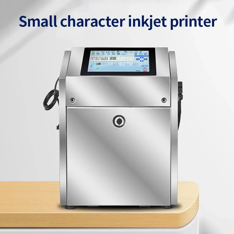 Small character inkjet printer with touchscreen and enclosed metal cabinet on stand