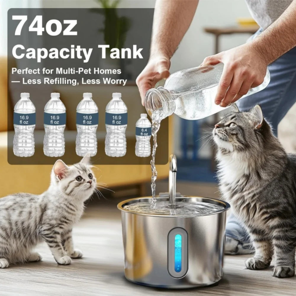 2.2L stainless steel cat water fountain with filter for dogs and cats, ensuring fresh automatic drinking water for pets.
