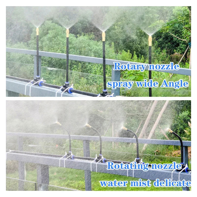 Outdoor rotary sprinkler system with multiple nozzles spraying fine mist through curved tubes