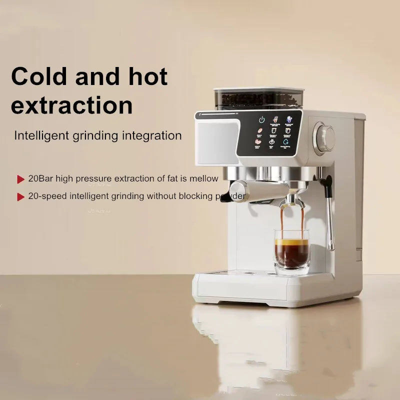 White 20-bar espresso machine with integrated grinder, touch display, and steam wand extracting coffee into a glass.