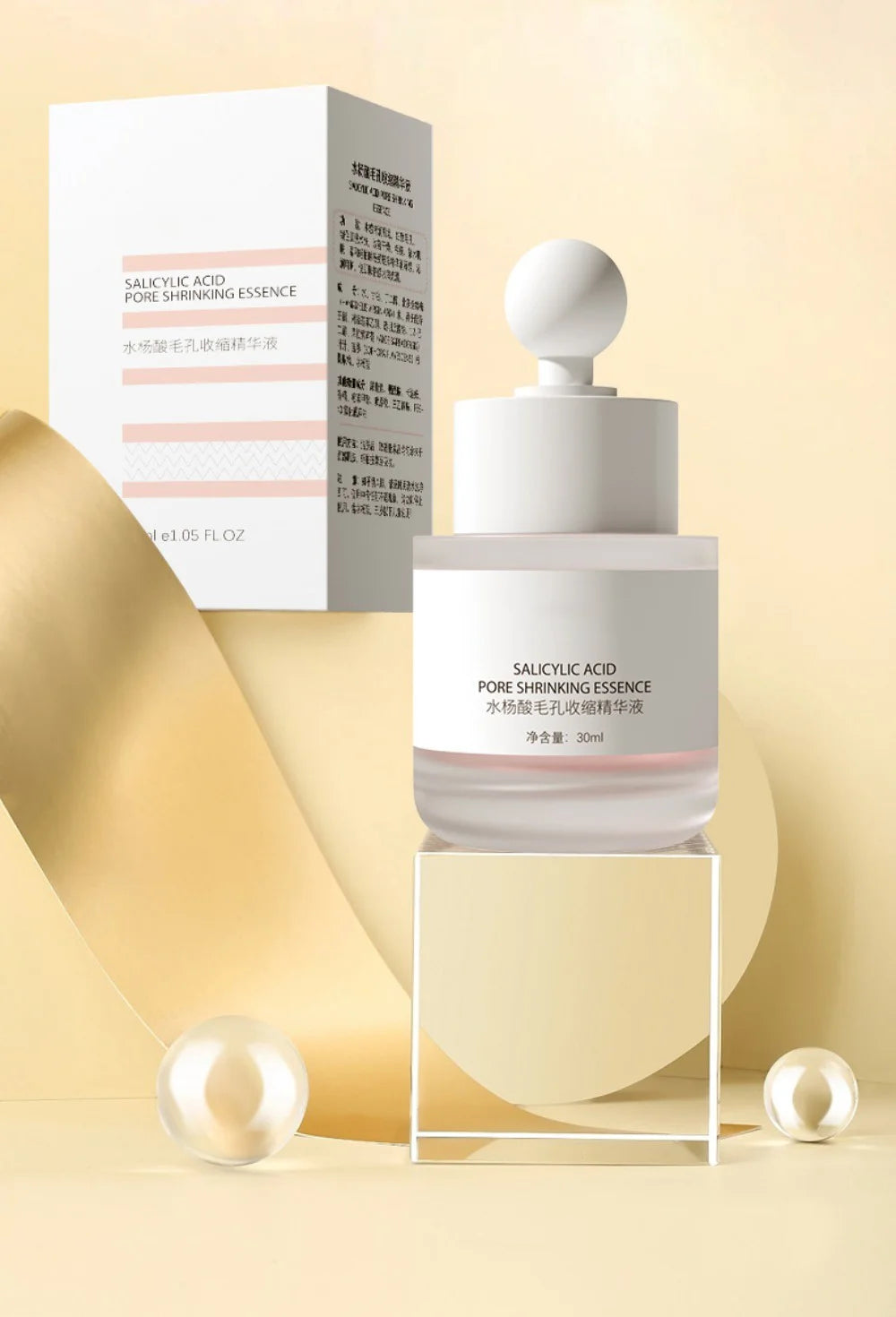 Salicylic Acid Pore Shrinking Essence serum in a modern frosted glass dropper bottle for smooth, clear skin.