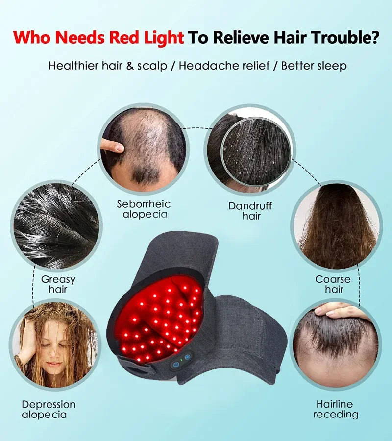 Red light therapy hair growth cap treats hair loss, dandruff, and scalp conditions with LED heating technology.