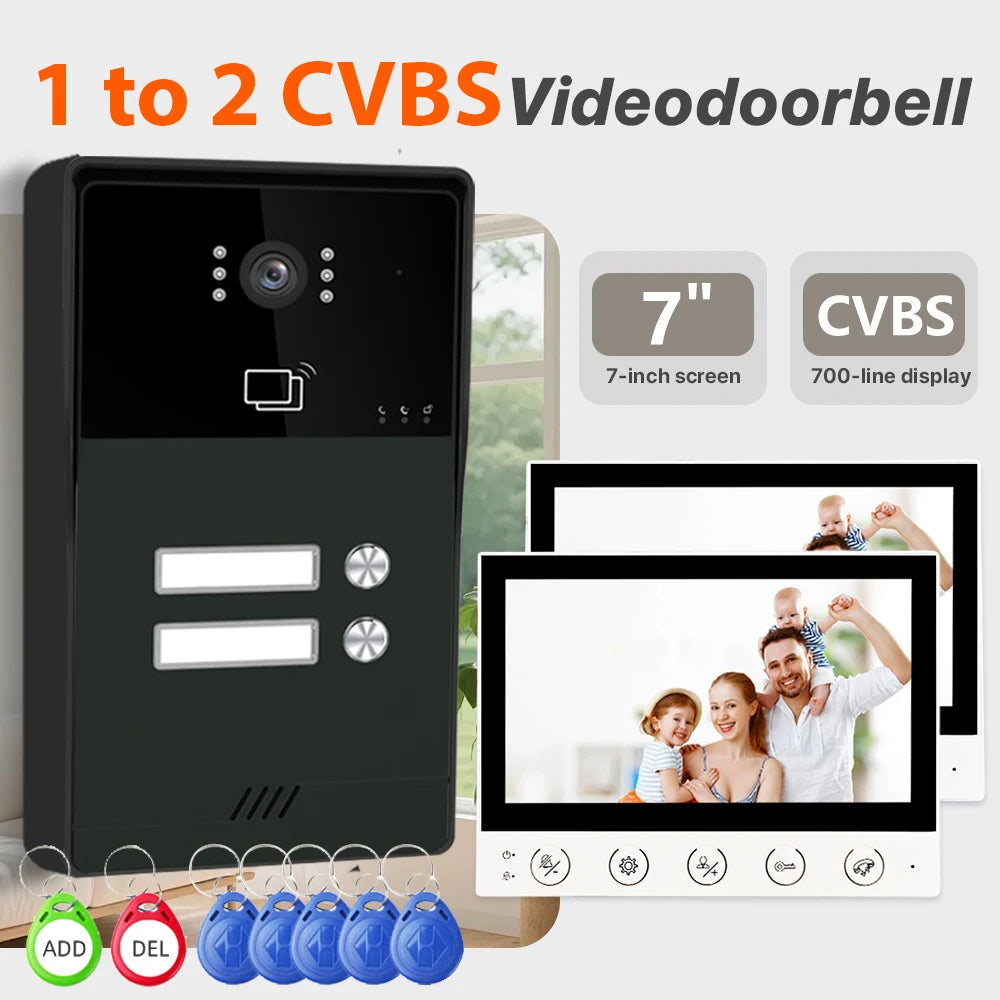 7-inch 4-line video doorbell intercom system, CVBS interface, 1-2 units, with night vision function, suitable for apartments
