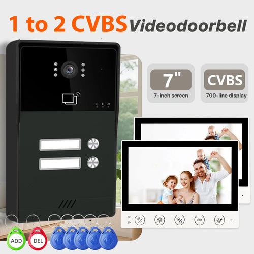 Black outdoor video doorbell panel with camera and 7-inch indoor monitor screen