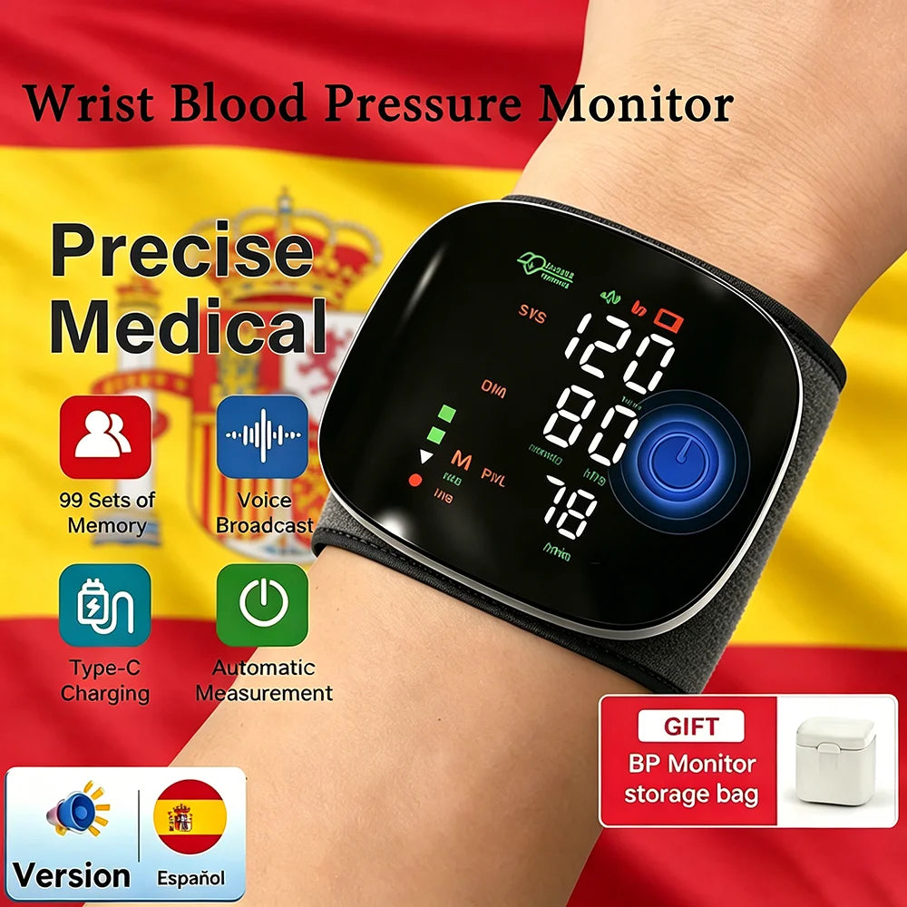 Blood Pressure Monitor New LED Rechargeable Wrist Blood Pressure Monitor English Spanish Voice Broadcast Tonometer BP Monitor