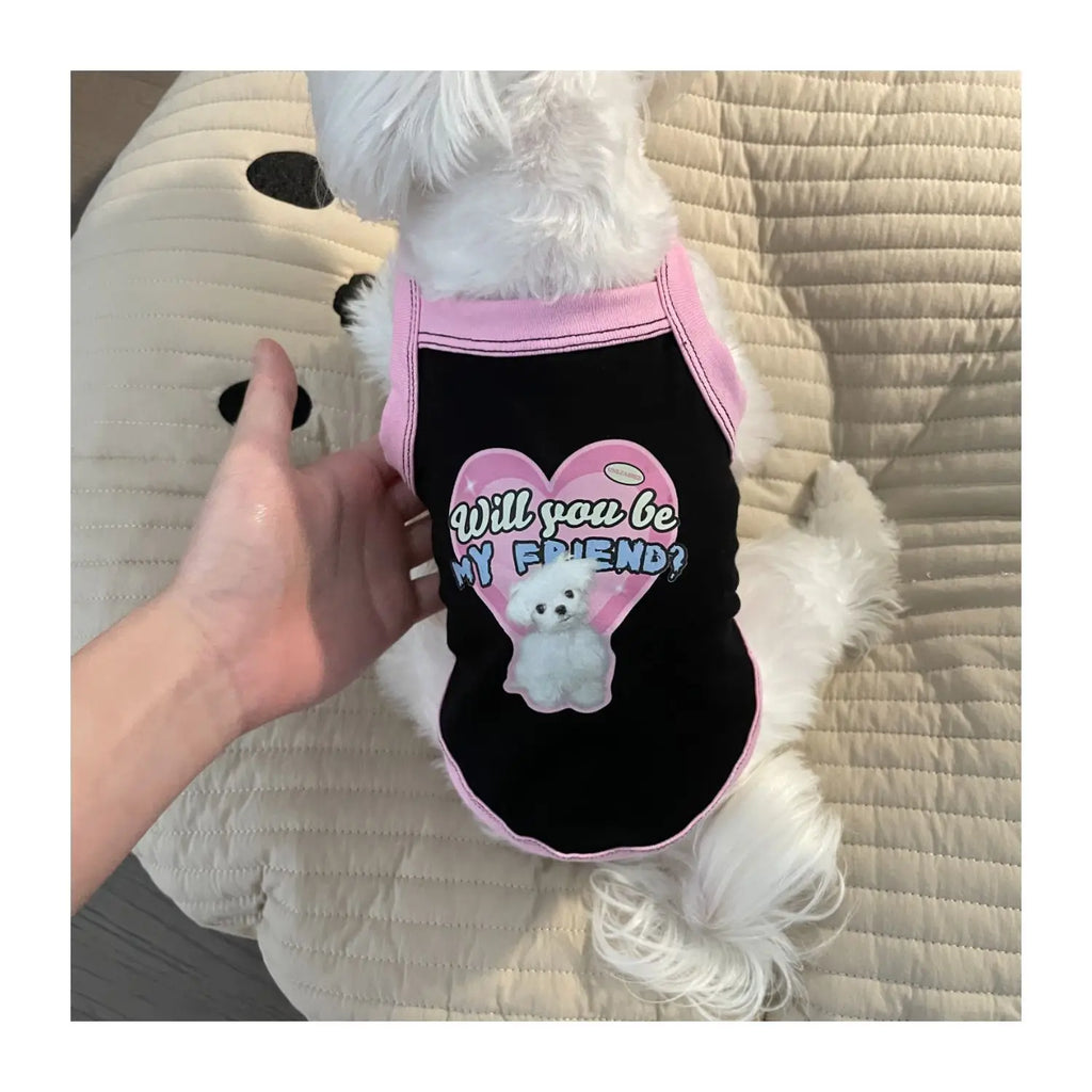 Cute black and pink puppy vest with heart print for small dogs like Teddy or Yorkie, perfect spring pet clothes.