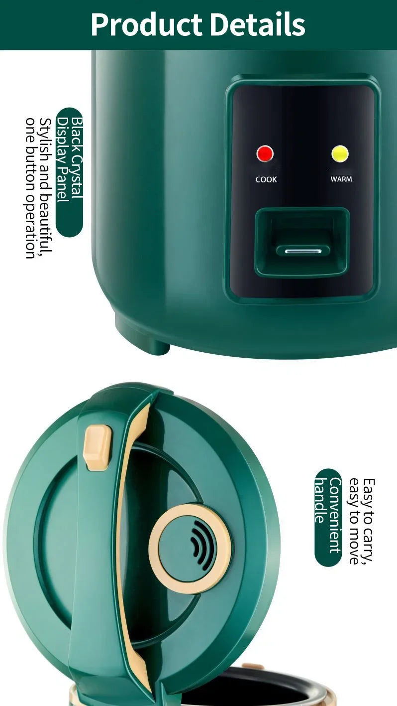 Teal rice cooker front with cook/warm indicator lights and control button panel