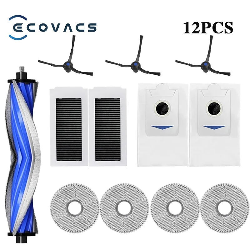 Tidesmit replacement parts kit for Ecovacs X5 OMNI vacuum including side brushes, mop pads, filters, and dust bags.