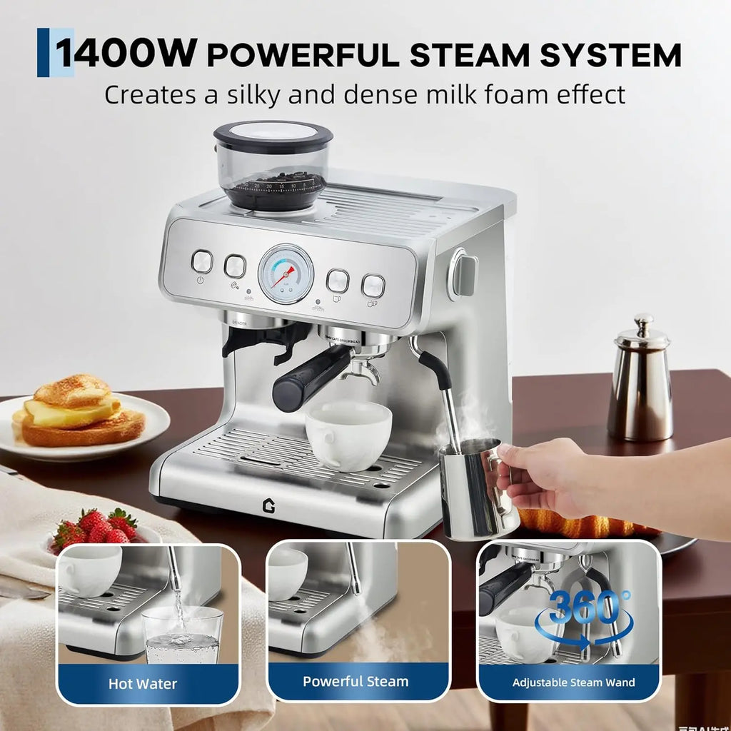 Silver stainless steel espresso machine with built-in grinder, pressure gauge, and 360-degree steam wand.