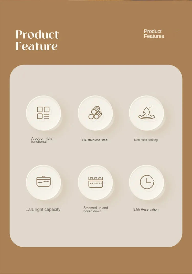 Multi cooker feature icon panel showing function and coating options