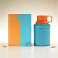 Odyssey Mandarinsky men's eau de parfum in a cylindrical turquoise leather bottle with an orange lid and matching box.