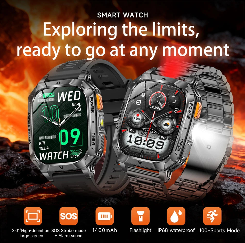 2026 New Hot flashlight Men Smartwatch Compass 1400 mAh BT call GPS fitness IP68 Waterproof Fashion Smartwatch For holiday Gifts
