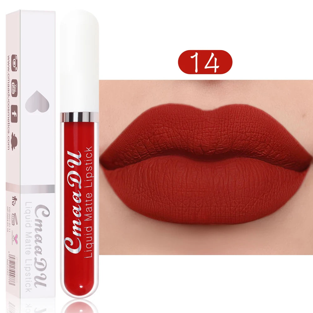 CmaaDu long-lasting matte liquid lipstick in shade 14, a vibrant red, waterproof and non-stick lip makeup.