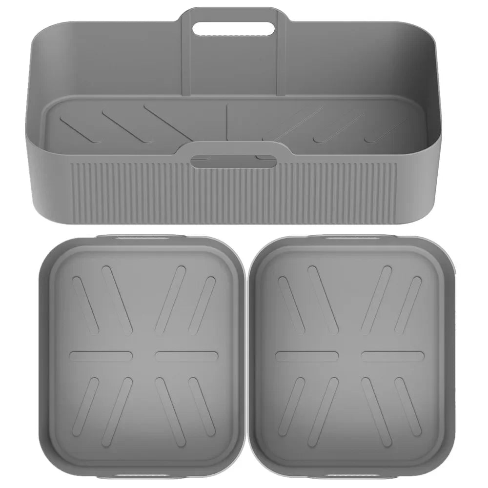Two grey silicone square liners and one grey long basket liner, with top handles.
