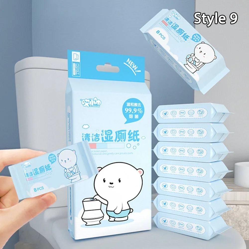 Style 9: Baby care moist toilet wipes, 8-pack, featuring cute bear character design on light blue packaging.