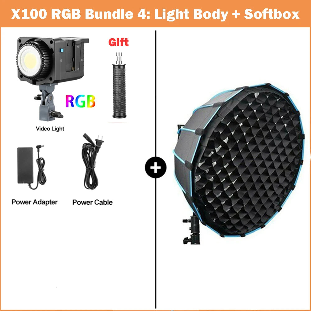 X100 RGB LED light body with power adapter, cable, cylindrical handle, and round softbox with grid for video lighting.