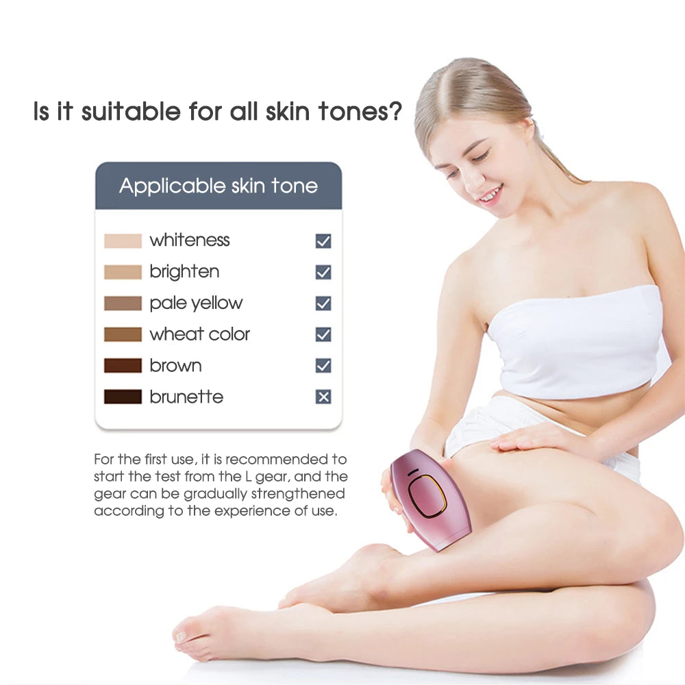 Woman using rose gold handheld IPL laser hair removal device on leg with skin tone compatibility chart.