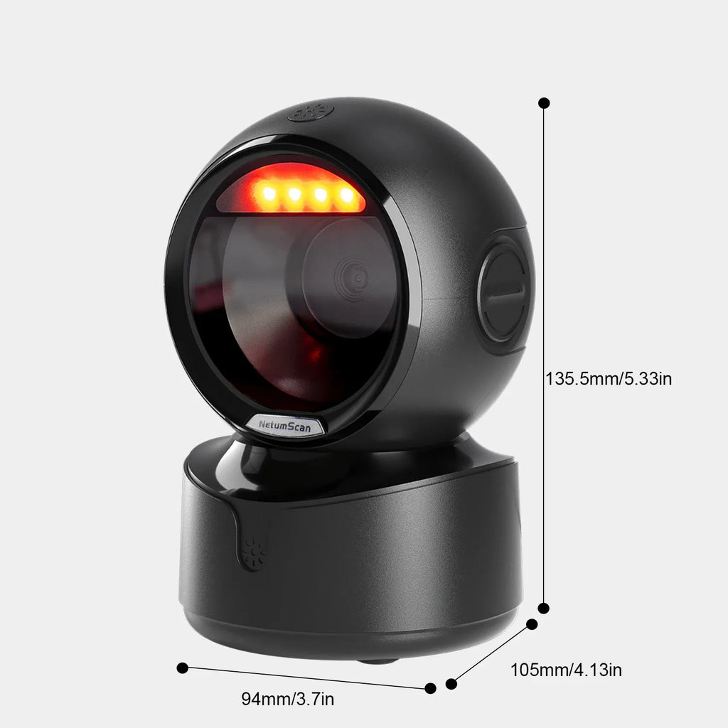 Black omnidirectional barcode scanner with circular lens window and status LED on base
