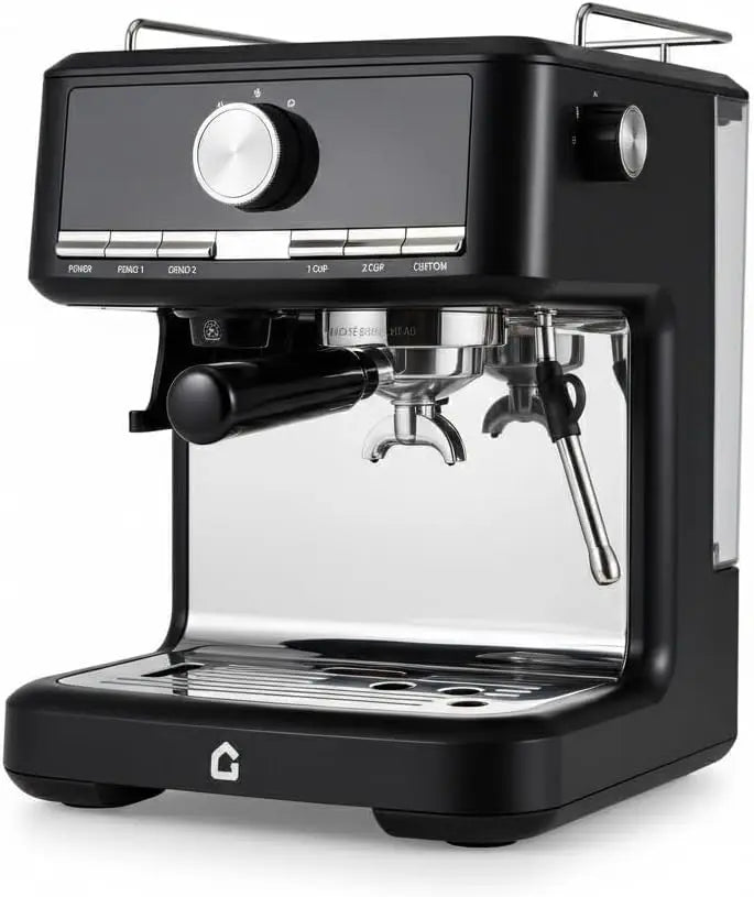 Gevi matte black espresso machine with stainless steel portafilter, steam wand, and digital control panel.