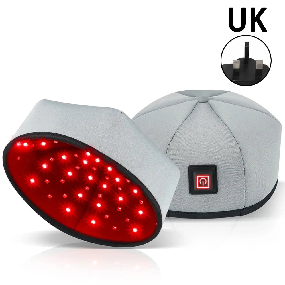Grey LLLT hair growth cap with 650nm red light therapy, wired plug-in design for men and women hair loss treatment.