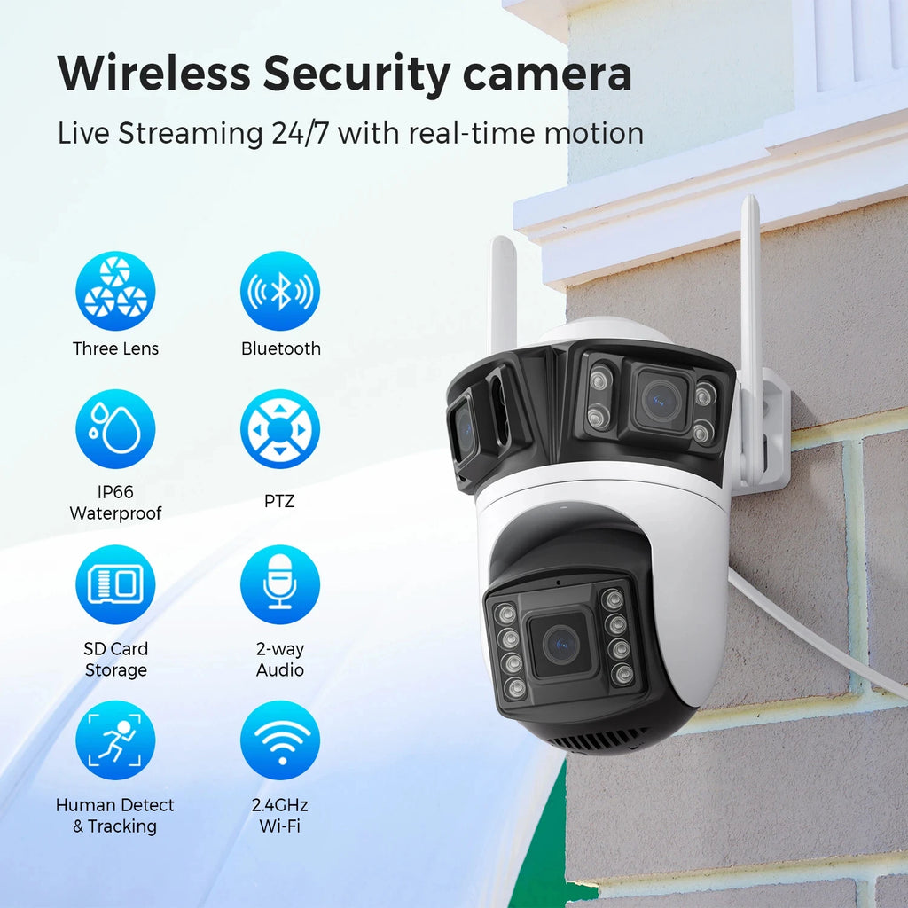 KKOREX Three Screen 6K 12MP HD WIFI IP Camera Outdoor Three Lens AI Human Detection Waterproof CCTV Video ICsee Security Camera
