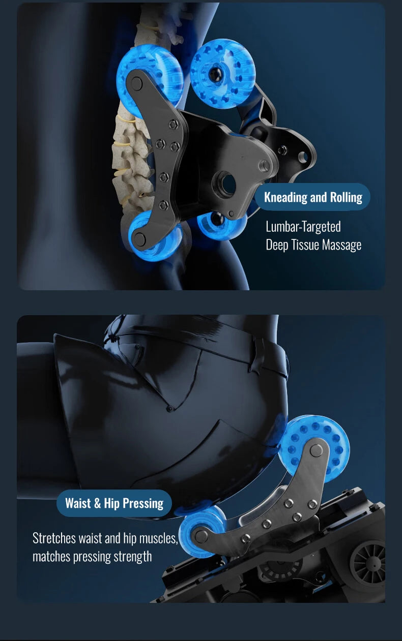 Diagram of massage chair mechanism: blue translucent rollers kneading the lumbar and pressing the waist and hips.