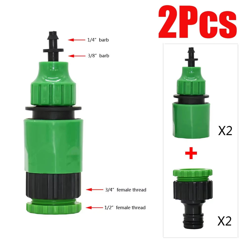 Green quick coupling adapters (2), 1/4 and 3/8 barbs, 1/2 & 3/4 female threads