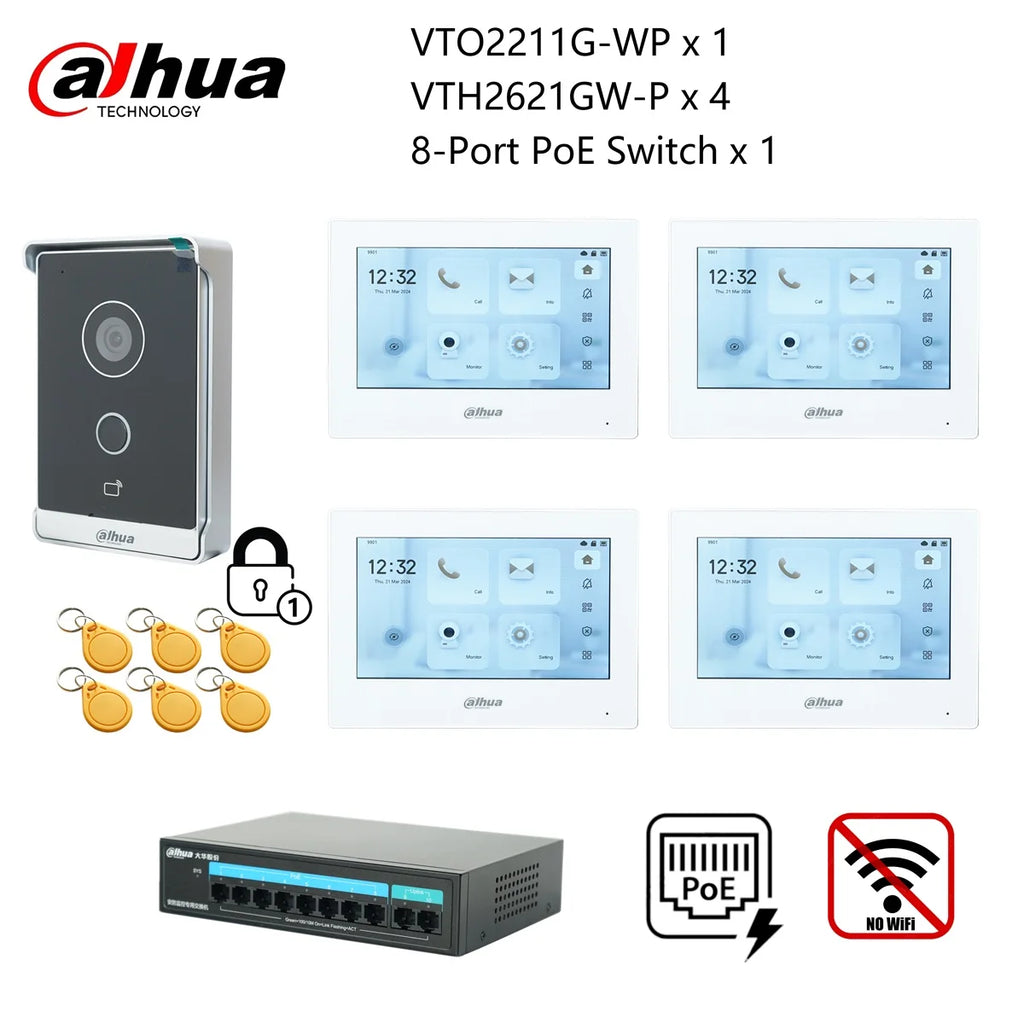 Dahua original IP Video Intercom KIT,VTO2211G-WP & VTH2621G-P & PoE switch,support phone app, RFID Card Unlock