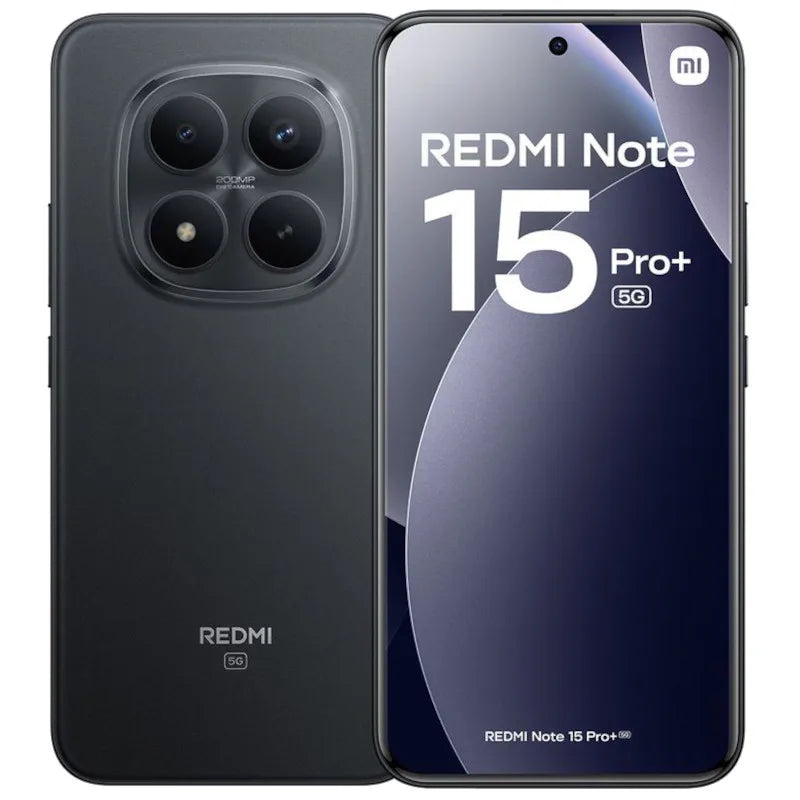 Black Xiaomi Redmi Note 15 Pro Plus 5G with 200MP camera, front and back view showing display and lens design.