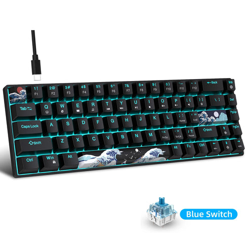 Ultra-compact 68-key mechanical gaming keyboard with blue switches, wave-themed spacebar, and blue LED backlighting.