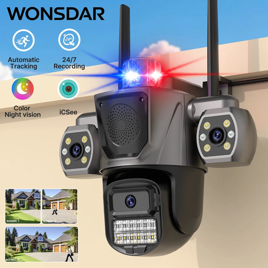 WONSDAR WiFi IP Camera Outdoor Three Lens Triple Screen Home Security CCTV Surveillance Cameras AI Human Detection Audio ICSEE
