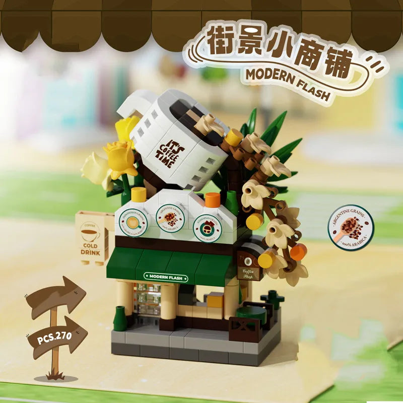 Miniature plastic coffee shop building block set, 270 pcs city street view toy for creative building and display.