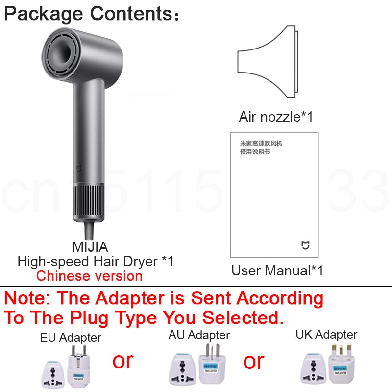 MIJIA grey high-speed ionic hair dryer set with nozzle, manual, and international plug adapter included.