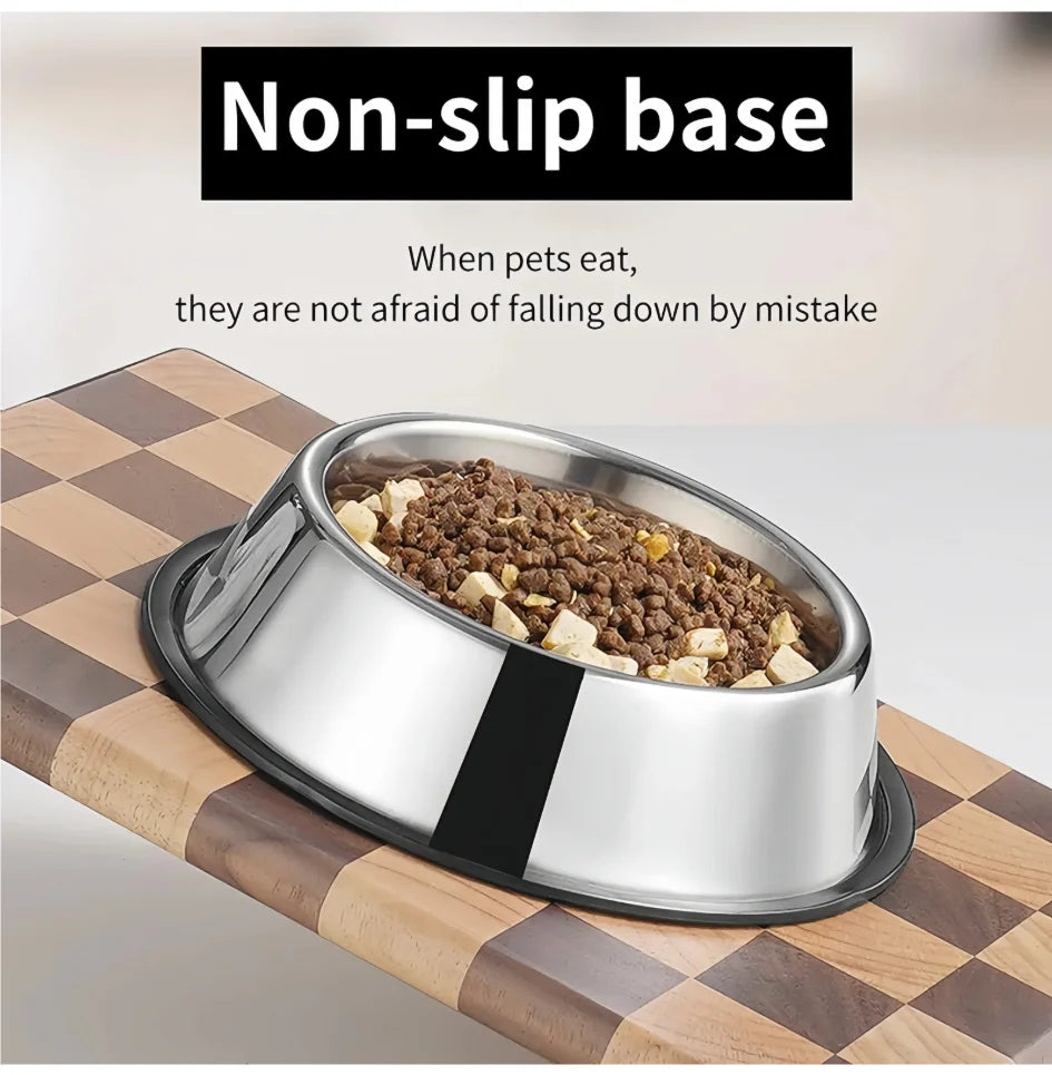 Durable stainless steel dog and cat food bowl with non-slip base for spill-free feeding. Easy to clean metal pet dish.