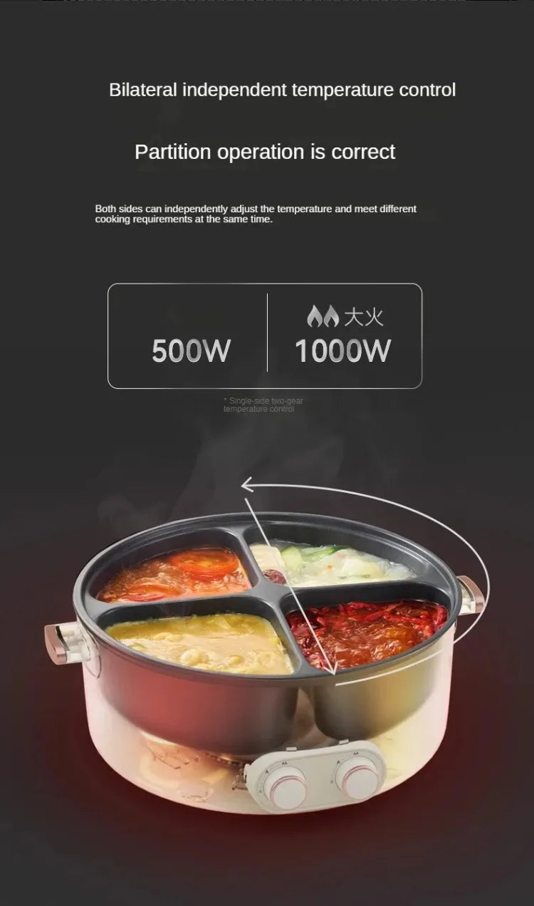 Electric hot pot with lid open showing 4 food compartments and two temperature controls