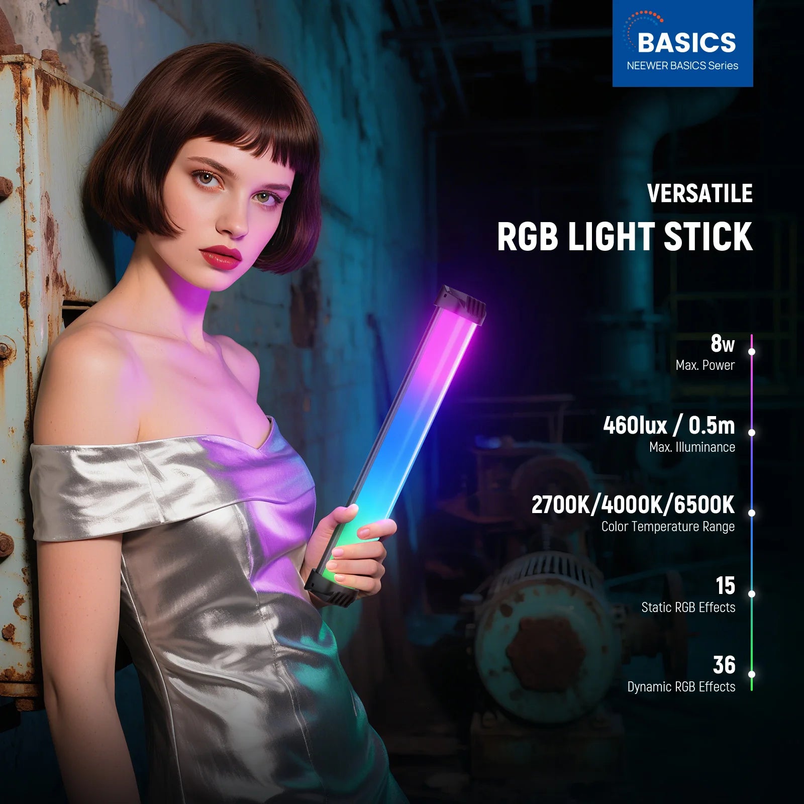 Handheld LED RGB light stick with color-changing tube lighting, used for photography and creative lighting effects.