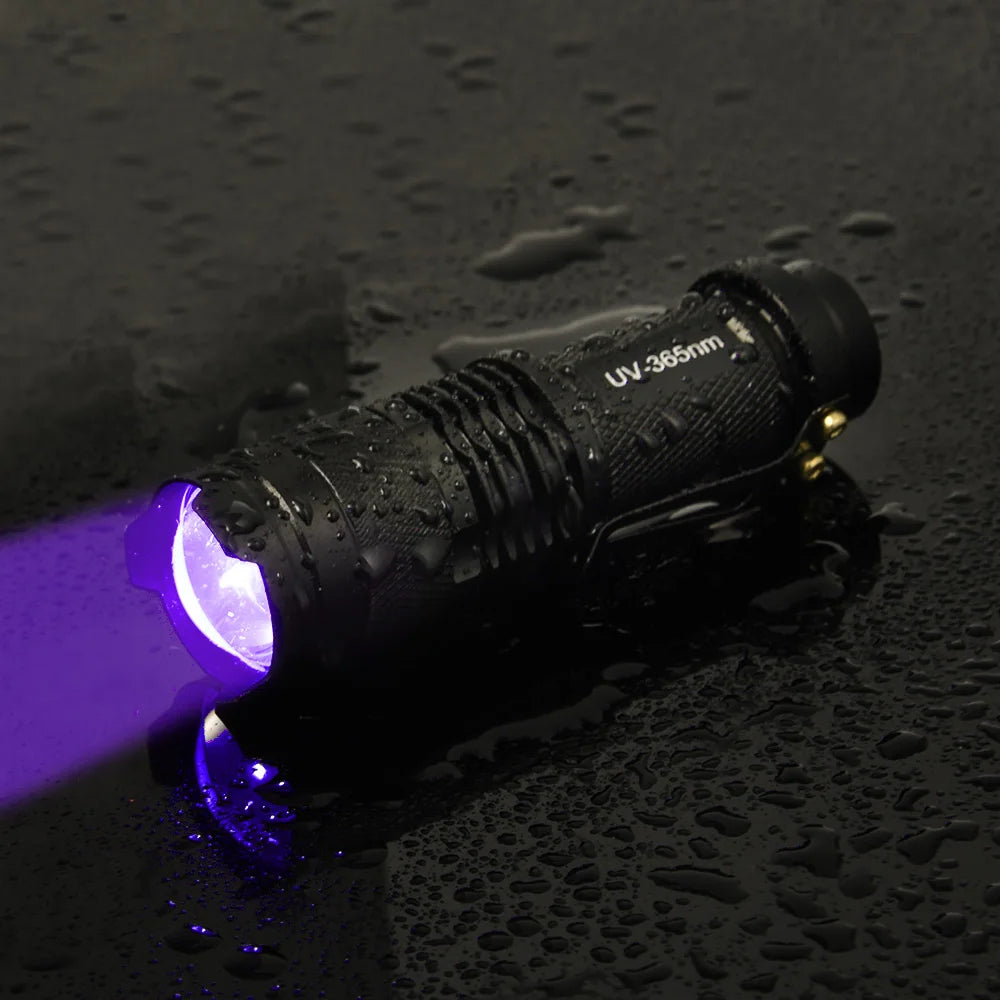 Portable black 365nm UV flashlight for detecting pet urine stains and odors on surfaces.
