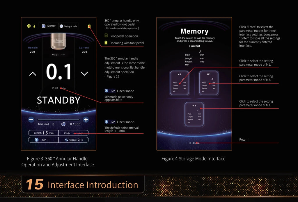 Digital interface for 12D facial lift and skin tightening machine, showing settings for handle operation and memory.