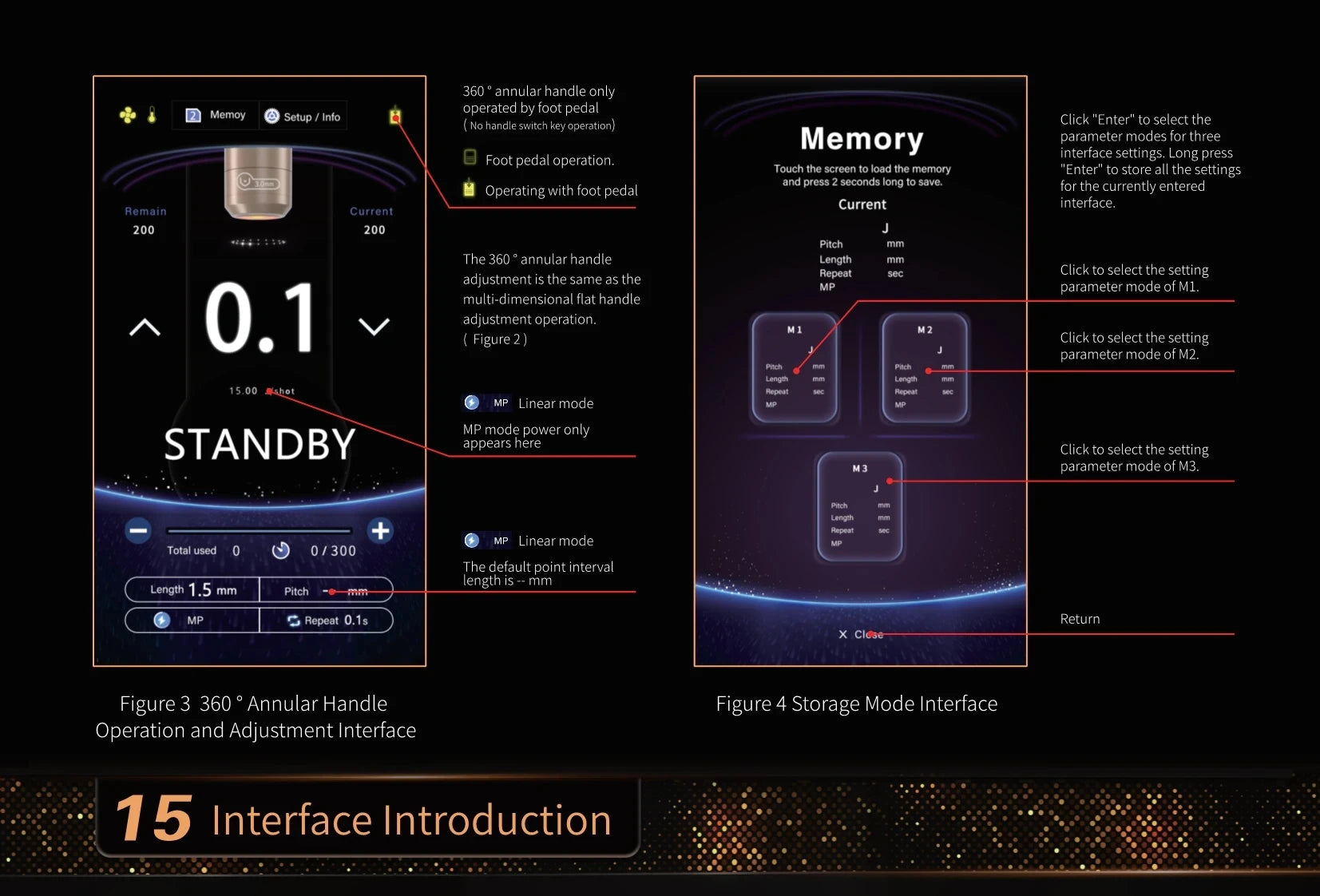 Digital interface for 12D facial lift and skin tightening machine, showing settings for handle operation and memory.