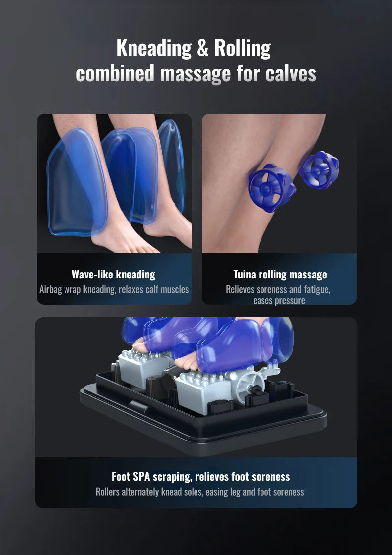 Graphic showing calf kneading airbags, blue rolling massage heads, and foot scraping rollers for massage chair therapy.