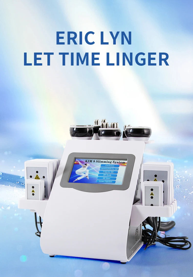 White 6-in-1 body slimming machine with a touchscreen display and various treatment heads on a blue background.
