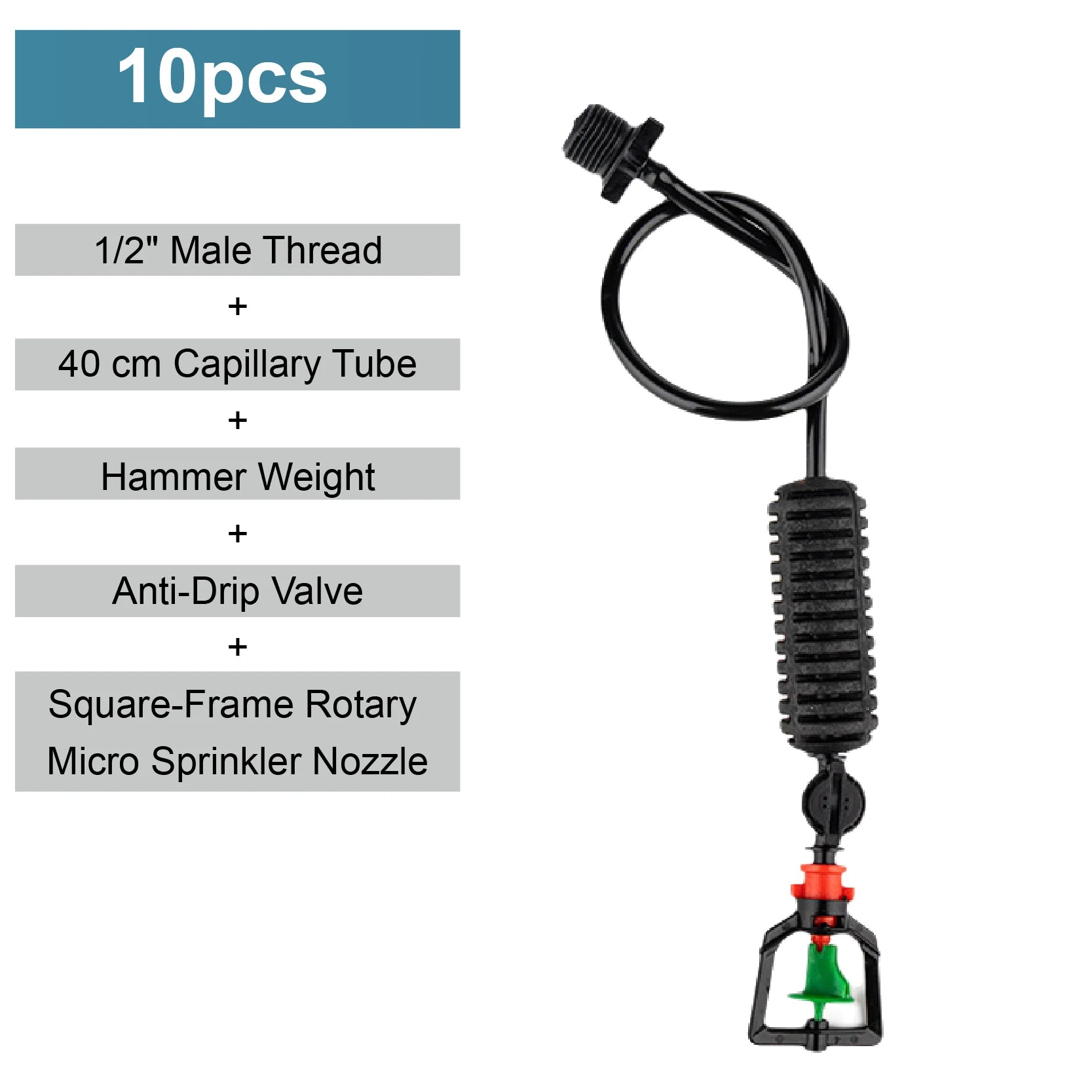 Hanging mist sprayer nozzle with rotary sprinkler head, black capillary tube and single hook mount